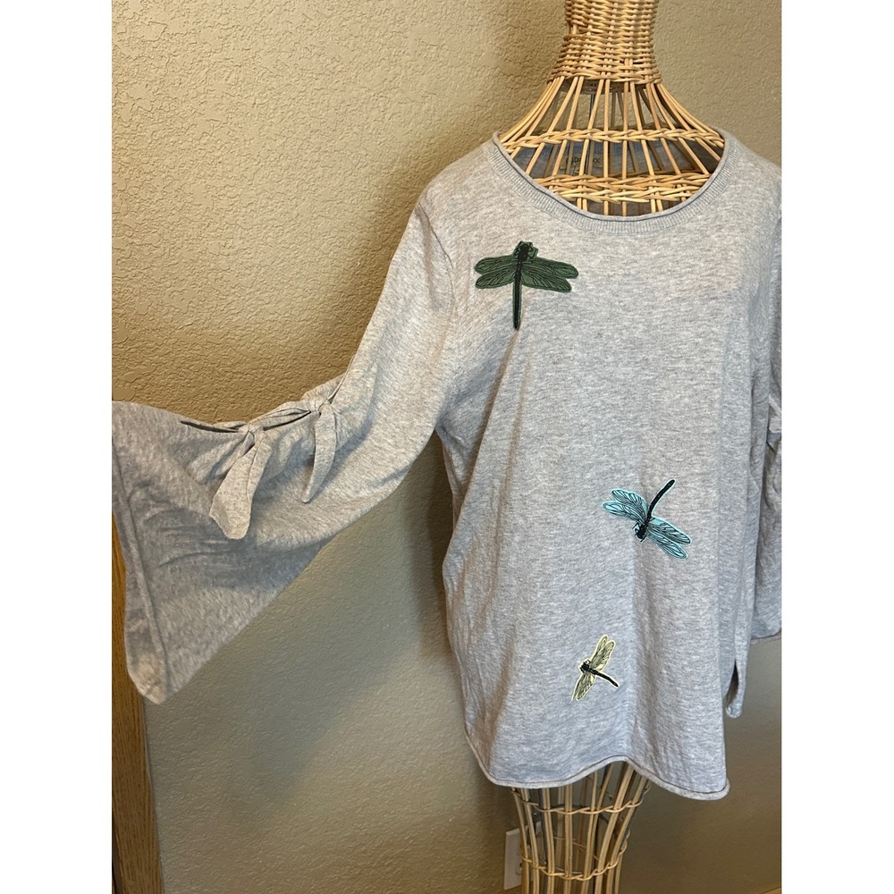 Democracy Womens Gray Dragonfly Embroidered Bell Sleeve Cotton Sweater Top L - Picture 3 of 15